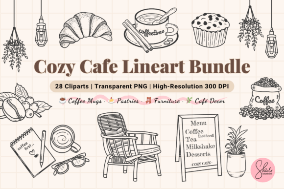 Cozy Cafe Line Art Coffee Cliparts PNG: Elevate Your Creative Projects with Warmth and Charm