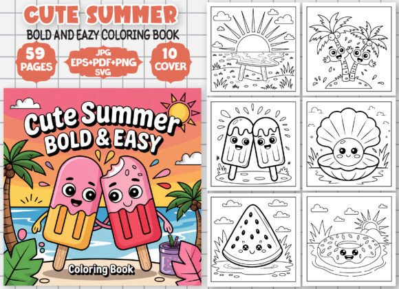 Cute Summer Bold and Easy Coloring Book for Kids and Creative Professionals