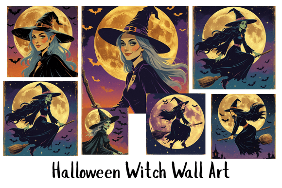 Halloween Witch Wall Art – Vintage Moonlit Poster