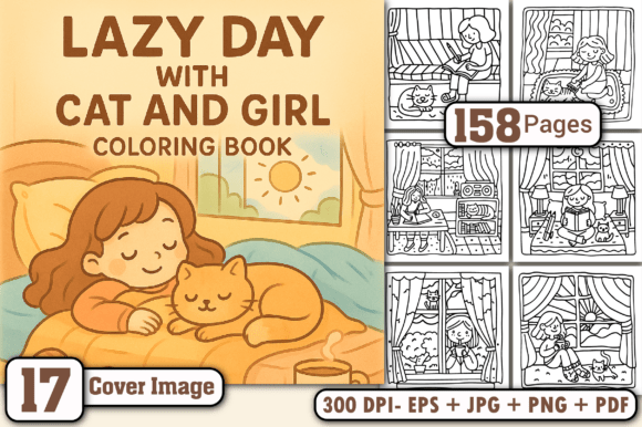 Lazy Day with Cat and Girl Coloring Book